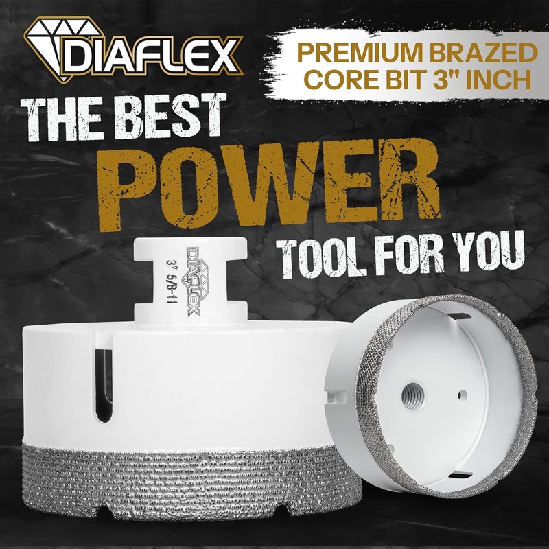 DIAFLEX Premium Brazed Core Bit – 3" Diamond Hole Saw for Porcelain, Ceramic, Stone, Dekton – 5/8"-11 Thread – Fast Clean Cuts – Vacuum Brazed – Wet or Dry Use - Image 2